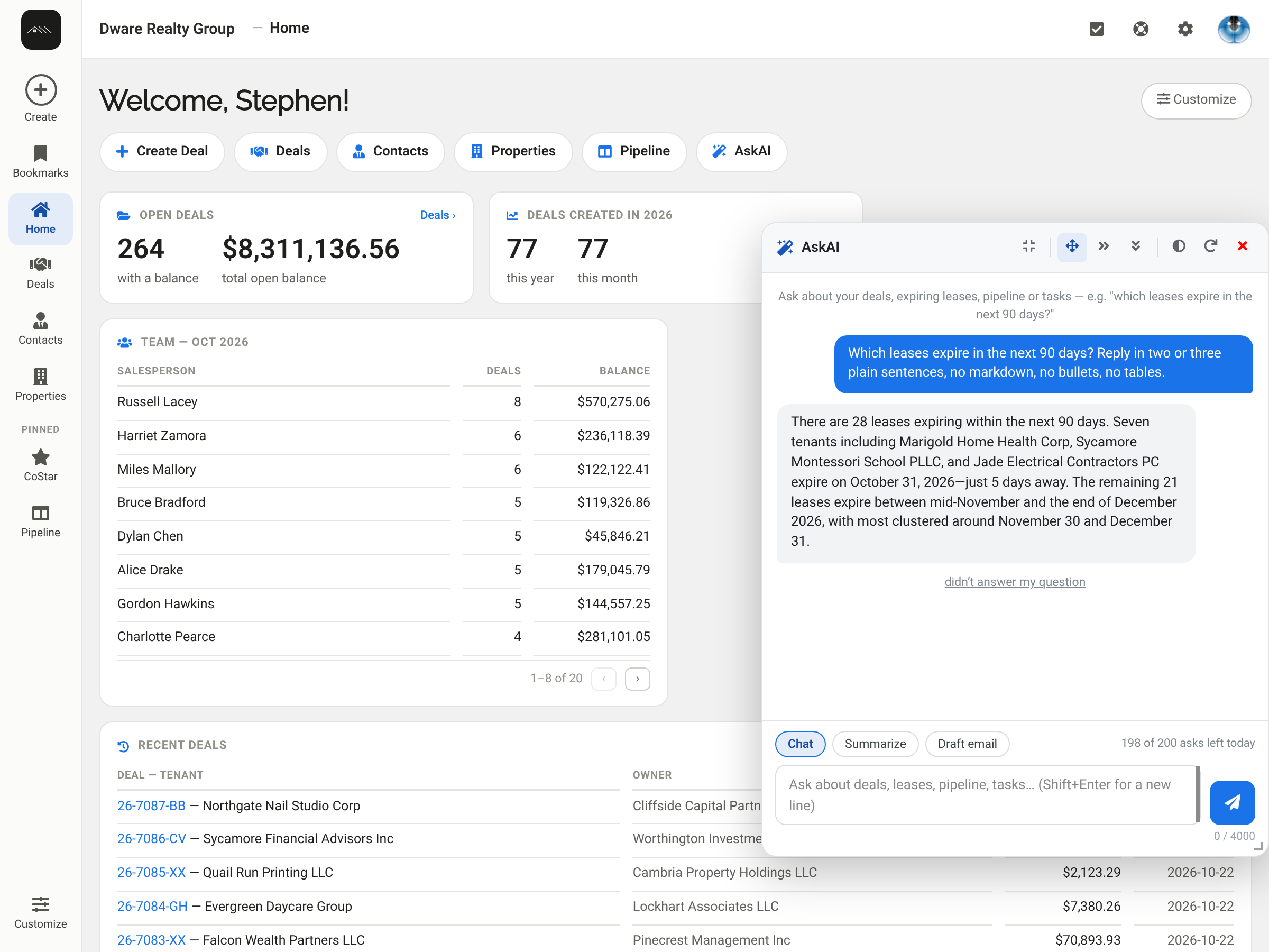 AskAI answering which leases expire in the next 90 days, in plain sentences