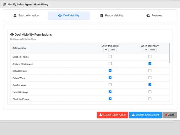 Deal visibility settings for one agent, with a checkbox for each colleague whose deals the agent can see