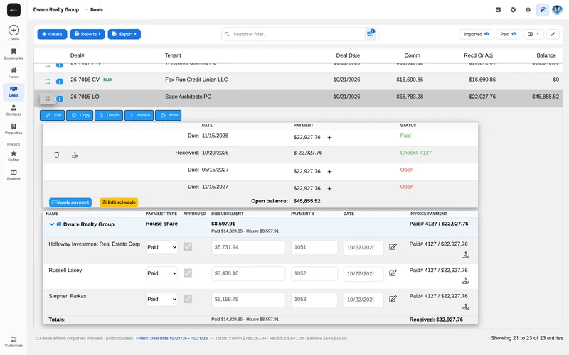 Deals grid showing balances, a paid deal, and one deal expanded to show its installments, the payment received, and each payout