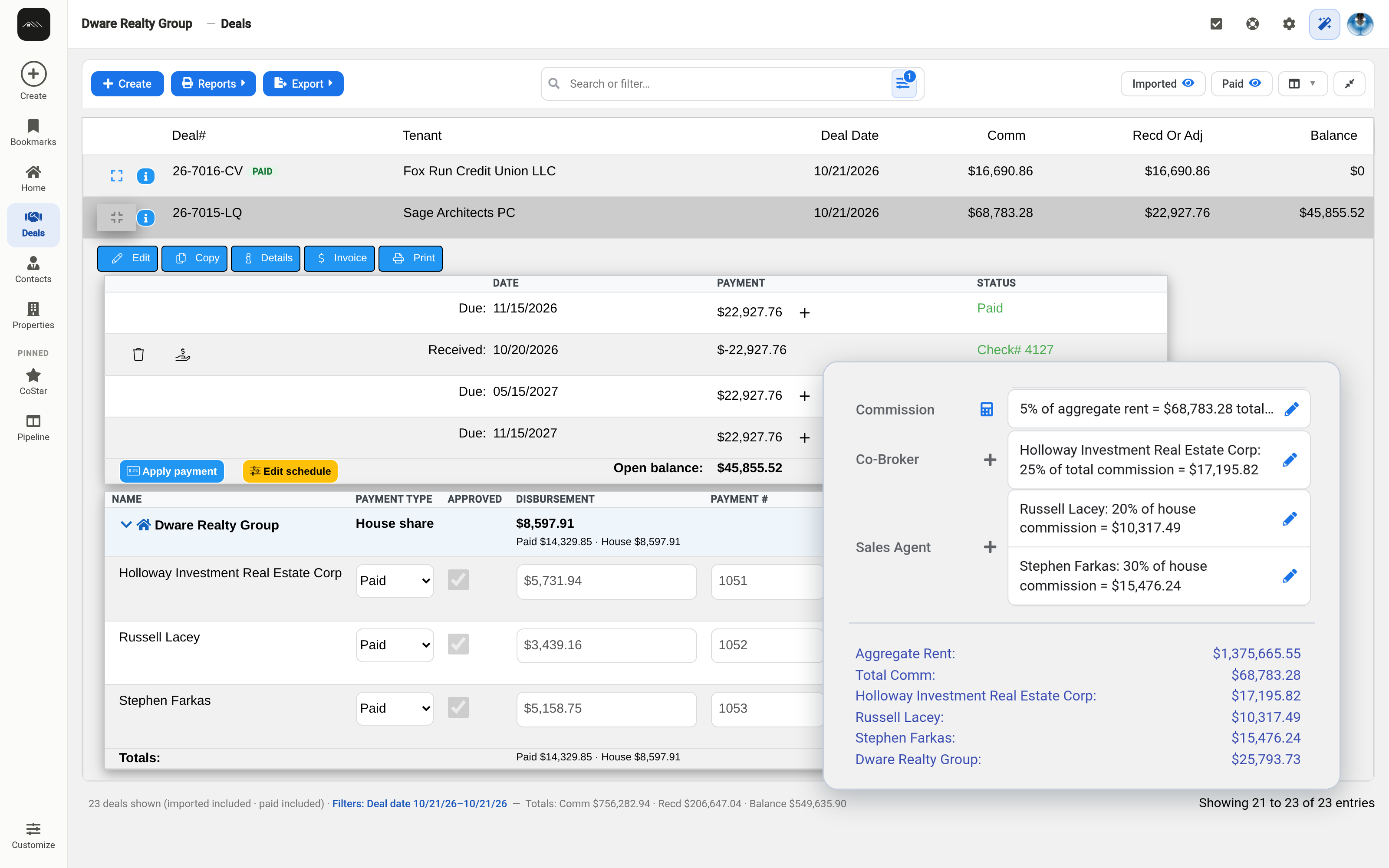 Deals grid with one lease deal expanded to its installments and payouts, and its commission split between the co-broker, two salespeople and the house
