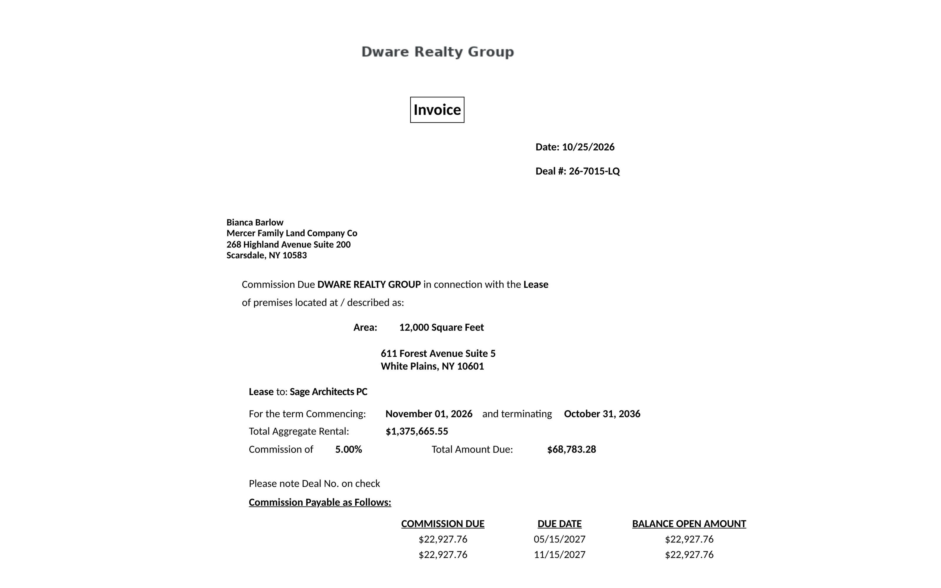 Commission invoice for a 10-year lease, with the remaining installments, due dates and open balances