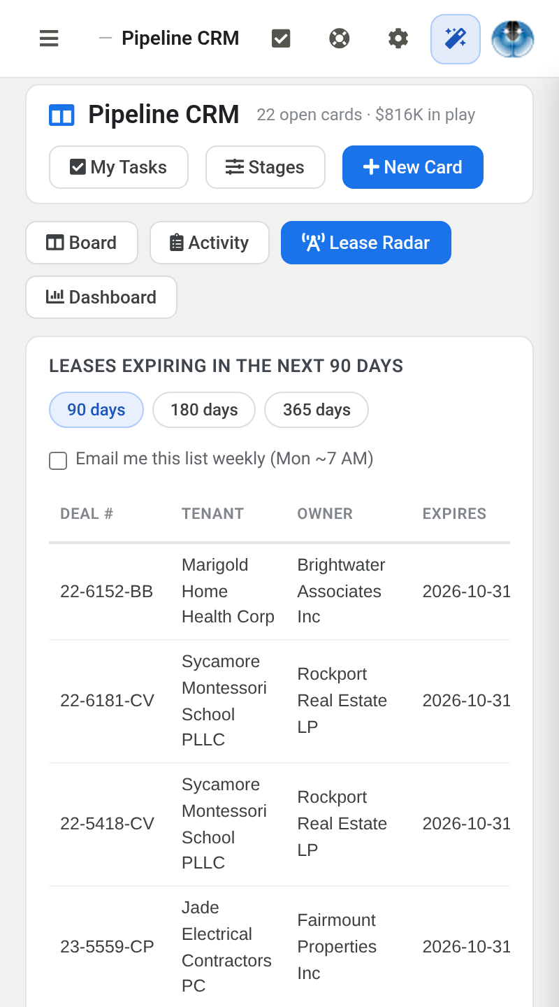 Lease Radar on a phone, listing leases expiring in the next 90 days