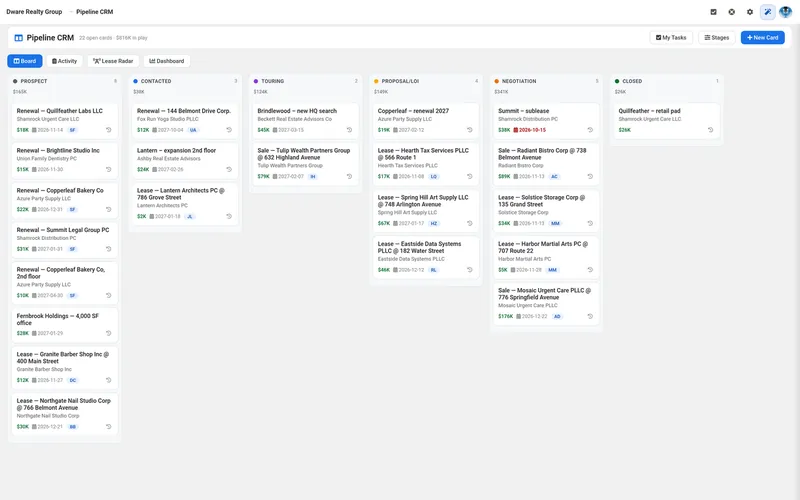 Pipeline board with deals across stages from Prospect to Closed and a value total on each column